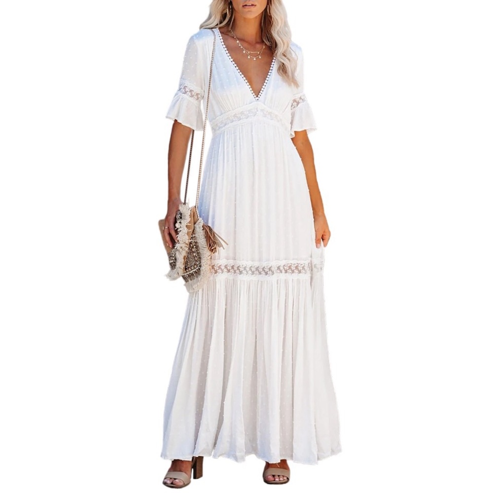Bohemian White Swiss Dot Lace Trim Maxi Dress - Picture 3 of 3